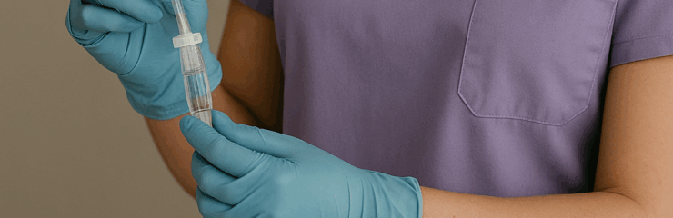 Arstiõde lavendellillas riietuses intralipiidi manustamas.